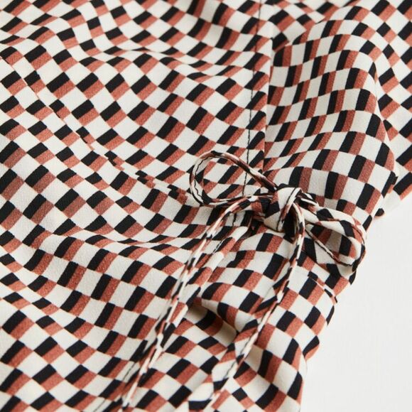 H&M Crepe checkered long sleeve wrap Midi Belted dress Beige Brown Size XS - Picture 7 of 12